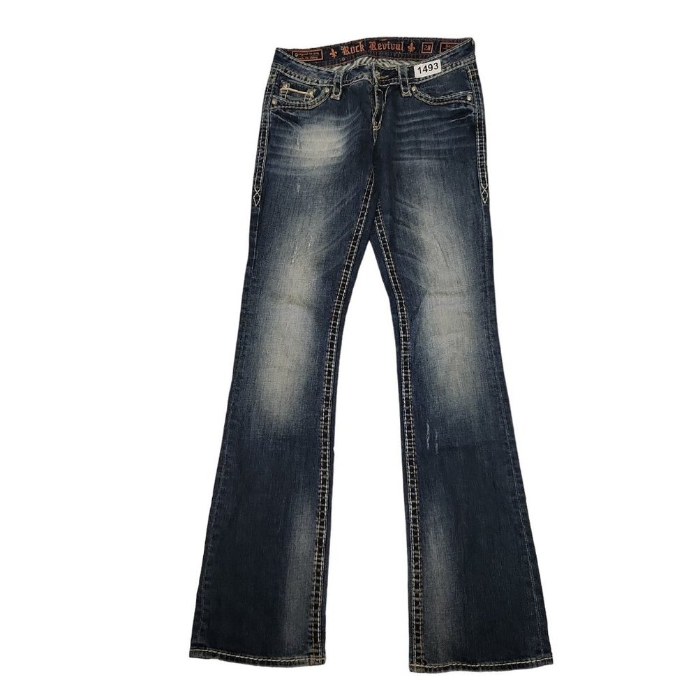 Rock Revival Womens Kelly RE8286B2X Blue Embroidered Denim Bootcut Jeans Sz 28